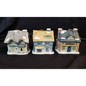 Vintage Christmas 3 Bisque Ceramic VILLAGE BELL ORNAMENTS Readers Digest 1991